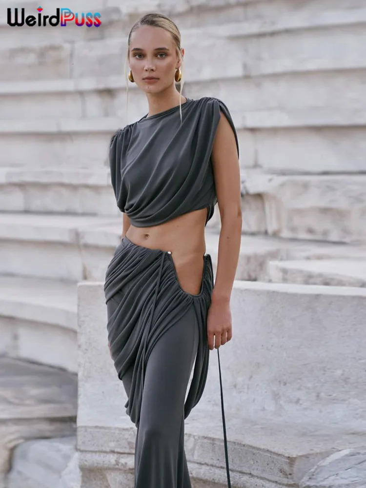 Weird Puss Elegant Ruched 2Piece Set Summer Women Chic Irregular Tank TopsSkirts Pants Matching Casual Basic Classic Streetwear 250224