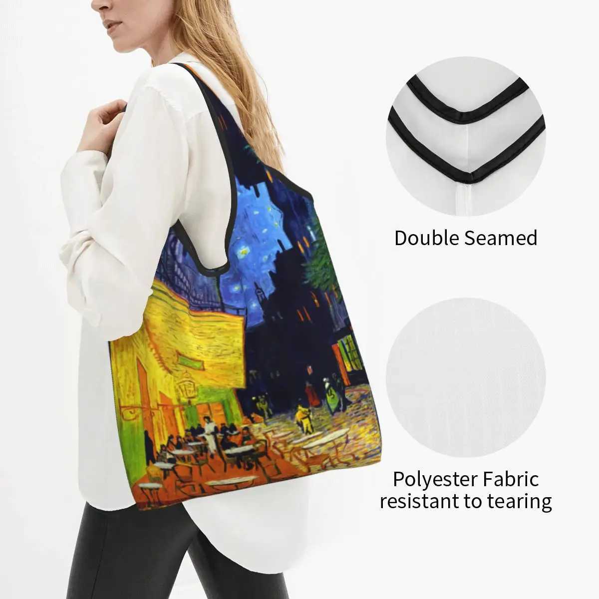 Custom Funny Cafe Terrace At Night Shopping Tote Bag Portable Vincent Van Gogh Painting Grocery Shopper Shoulder Bag Z250224