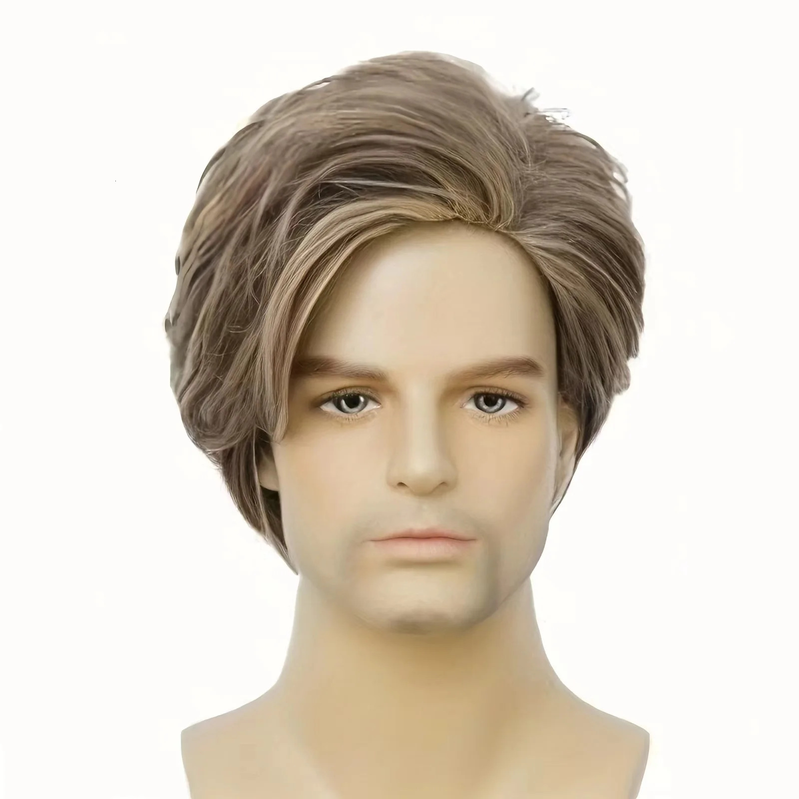 Synthetic wig gradient brown fluffy slant bangs short Wig for men 250224