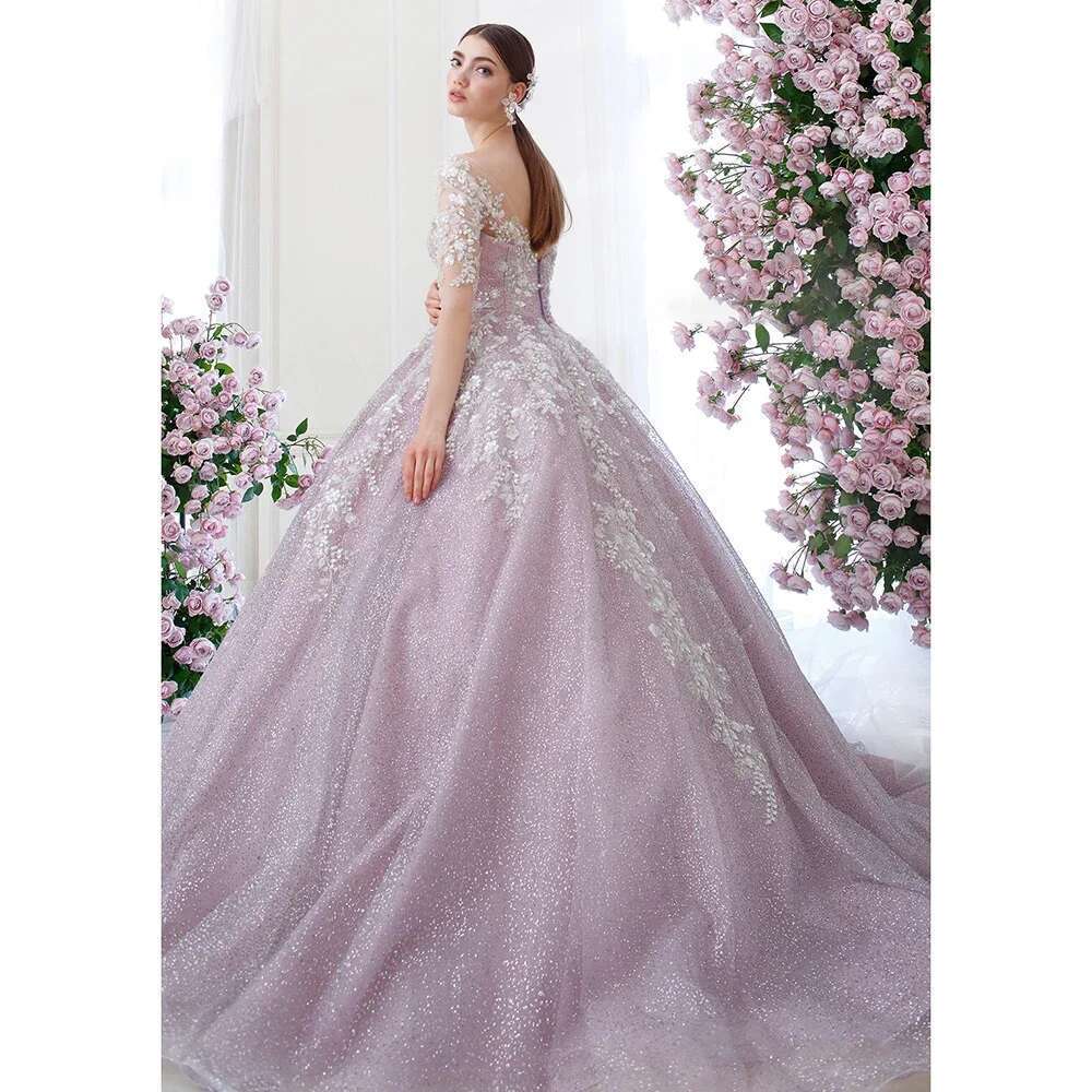 Elegant V-neck Half Sleeves Ball Gown with Appliques Sequins Chic Floor Length Dresses ha the Train Sweep Party Evening Prom Dress