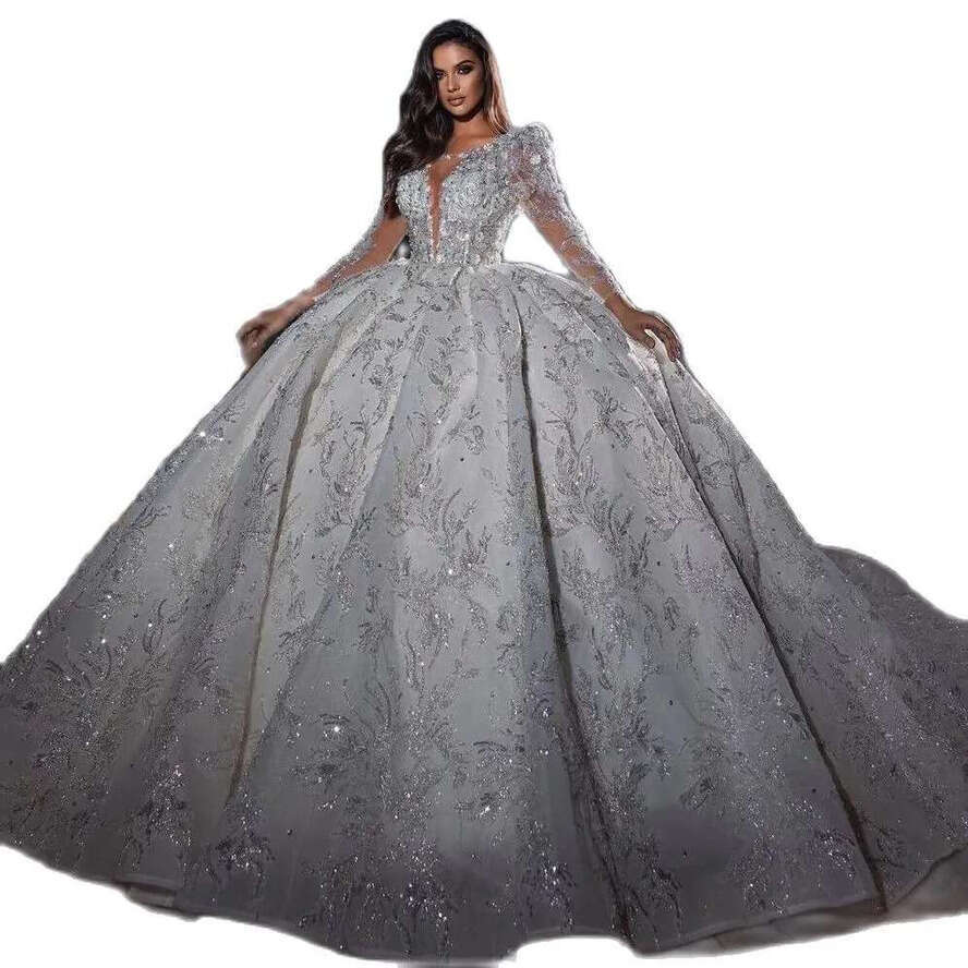 Arabic White Wedding Dresses Elegant Full Sleeve Ball Gown Sequins Beaded Bridal Gowns With Long Train