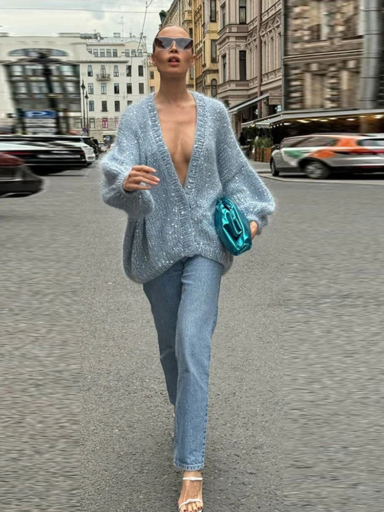 Lady Street Knitwear Sweater Fashion Shiny Sequins Women Mohair Knitted Cardigan Chic V Neck Long Lantern Sleeve Sweater 2025 250225