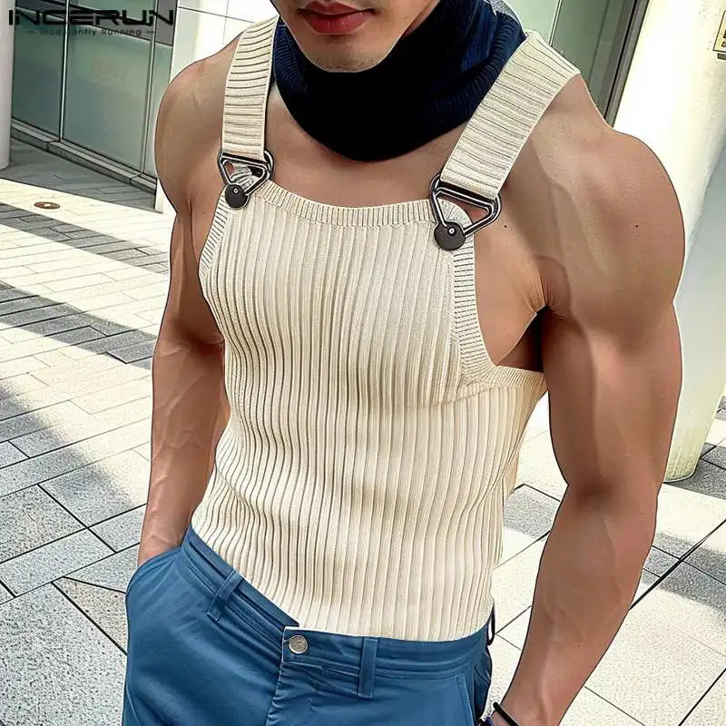 2024 Mens Tank Tops Solid Color Knitted Sleeveless Button Streetwear Casual Vests Summer Fitness Fashion Men Clothing INCERUN 250224