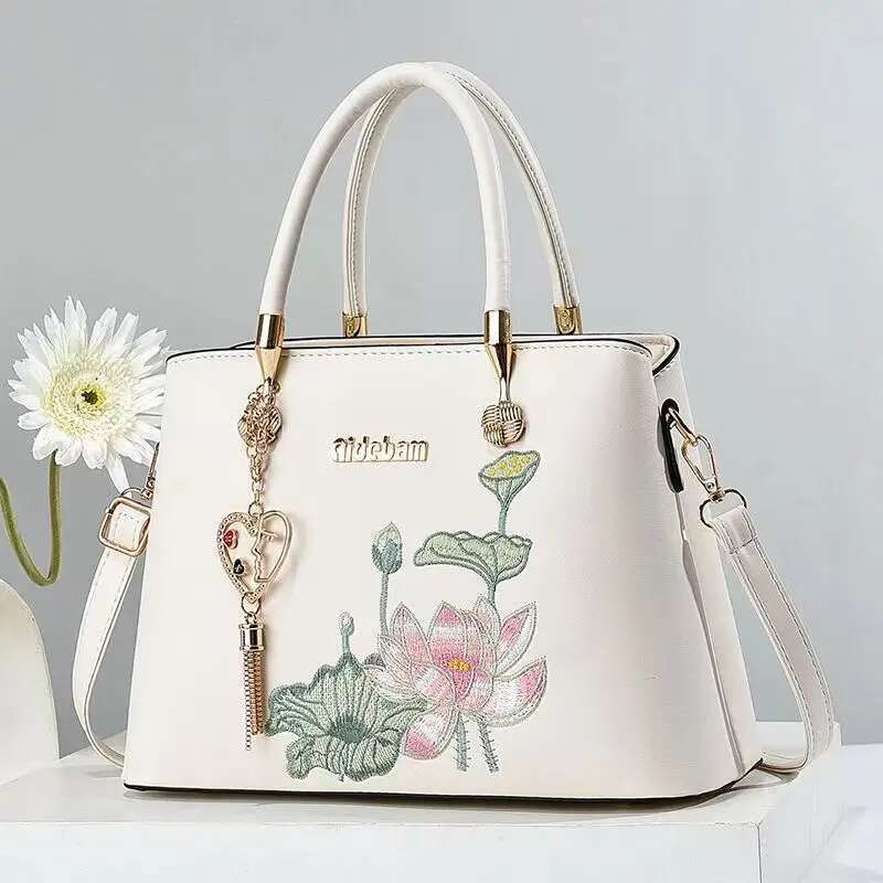 Embroidery lotus Crossbody 2024 Thread Handbag Pu Leather Women Shoulder Bags Brand Sequined Tassel Bag