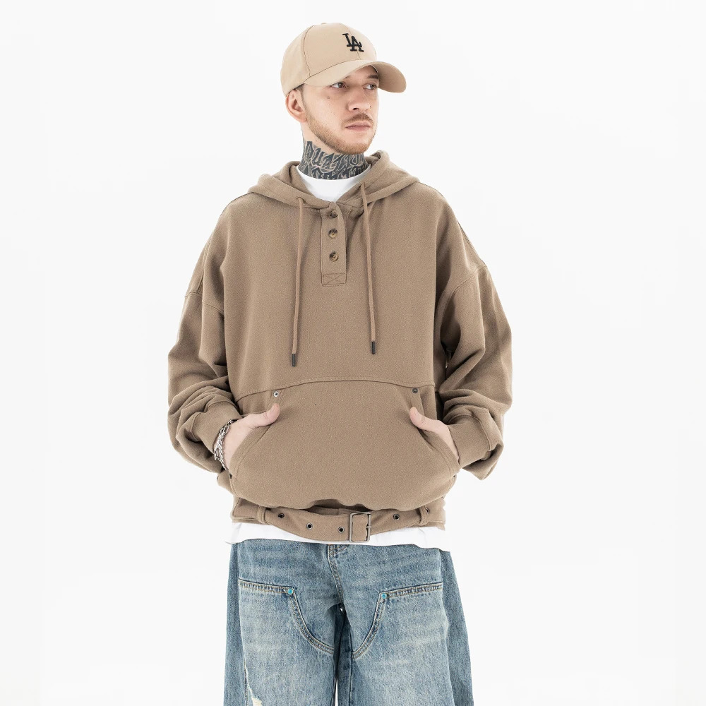 Superway Original Design Winter Niche Solid Hoodies Men Button High Street Hip Hop Streetwear Loose Pullover American Style Tops 250224