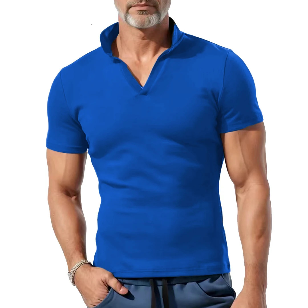 American heavy industry complex trend versatile daily heavy polo shirt turning V -neck Huafer short -sleeved mens T -shirt 250224