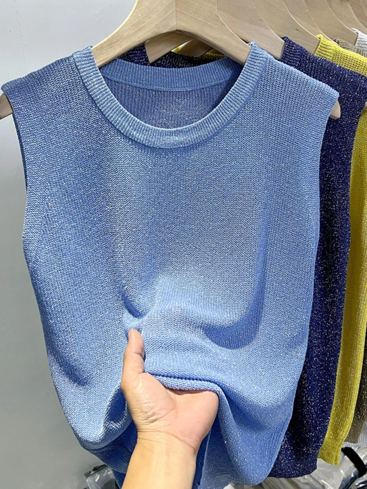 2025 Summer Women Knitted Green Tank Tops Women Thin Tops Basic Casual Tank Tops O-neck Tees Sleeveless Tops For Women 250224