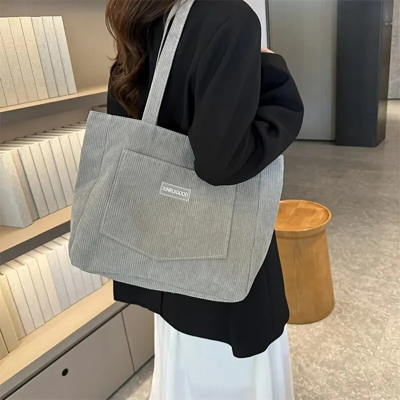 Large Capacity Shoulder Bag Trendy Corduroy Tote Bag Solid Color Ladies Handbag With Front Pocket 250224
