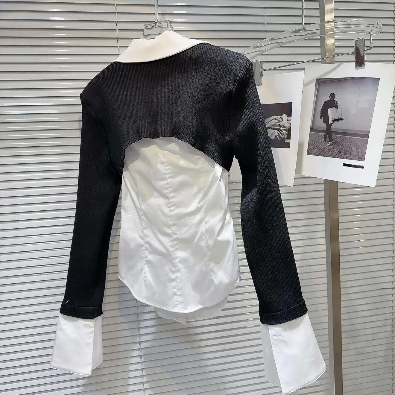 Getspring Women Shirt 2025 Spring Knitted Shawl Spliced Black White Color Matching Fake Two Slim Fit Blouse All Match Ladies Top