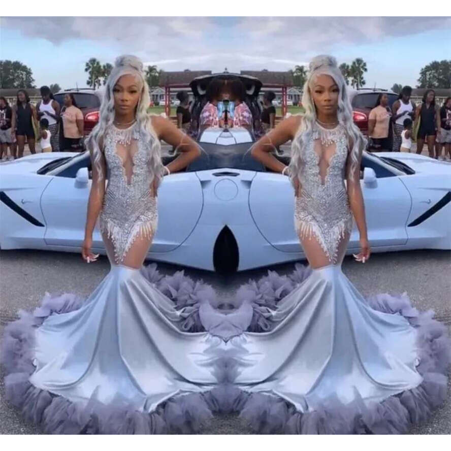 Sexy Sier Prom Dress 2024 Veet For Black Girl Glitter Beads Crystals Rhies Robe De Bal Birthday Party Evening Gown