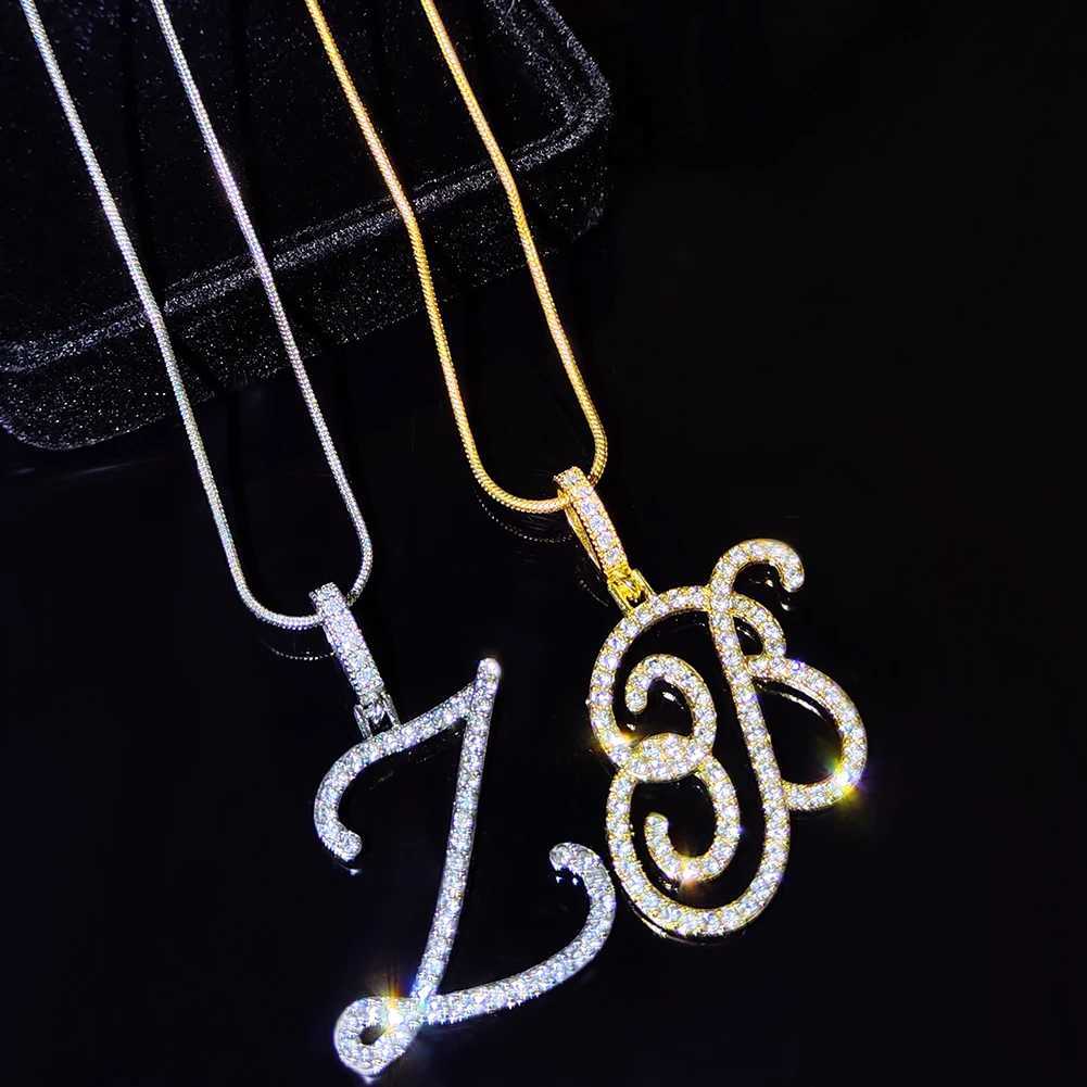 Fashion 26 Cursive Initial Letter Zircon Pendant Necklace For Wen Shiny Crystal Alphabet Rope Chain Necklace Hip Hop Jewelry X2502241