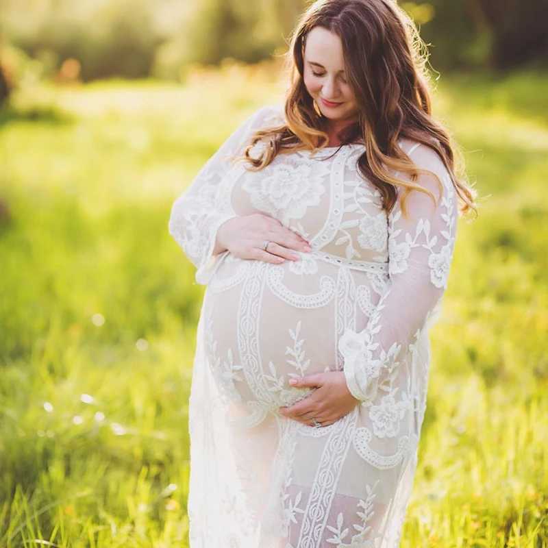 Women Long Sleeve White Lace Floral Maternity Gown Maxi Photography Dress Pregnancy Dress for Photo Shoot Pregnant Women Clothes X250224