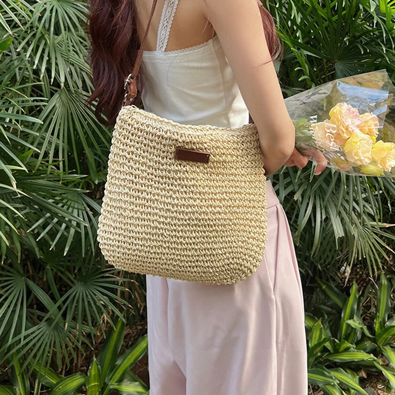 Bohemian Straw Beach Bags For Women High Capacity Handmade Shoulder Bag Casual Woven Tote Bag Shopping Clutch Handbag Purse 250224