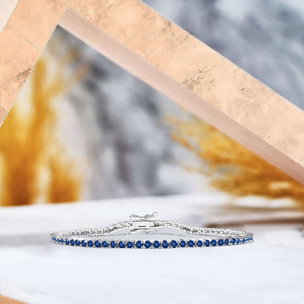 rat Round Cut September Blue Sapphire Birthstone Tennis Bracelet Eternity Design White Gold Plating Female Adult