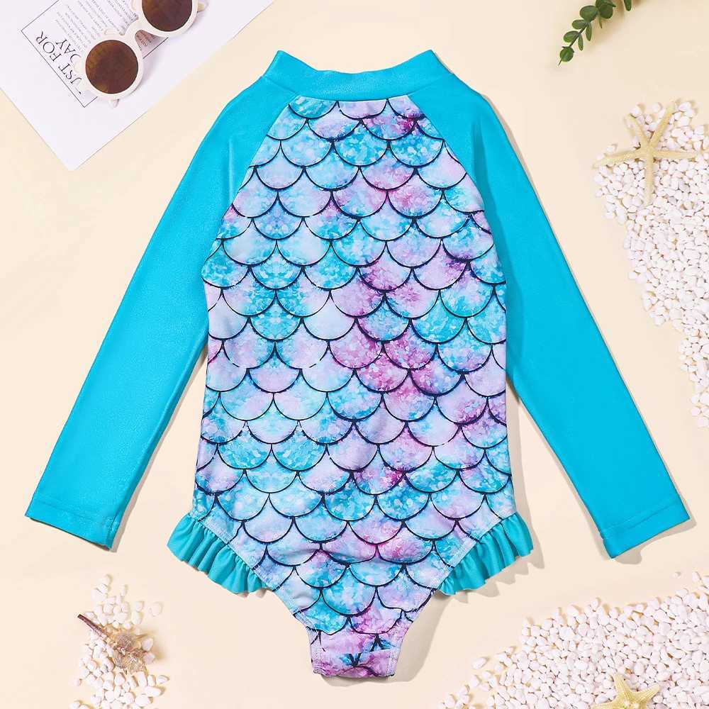 Kids Baby Girl Swimsuits Fish Scale Print Ruffles Long Sleeve Jumpsuit Swimwear Beachwear Children Bathing Suits X250224