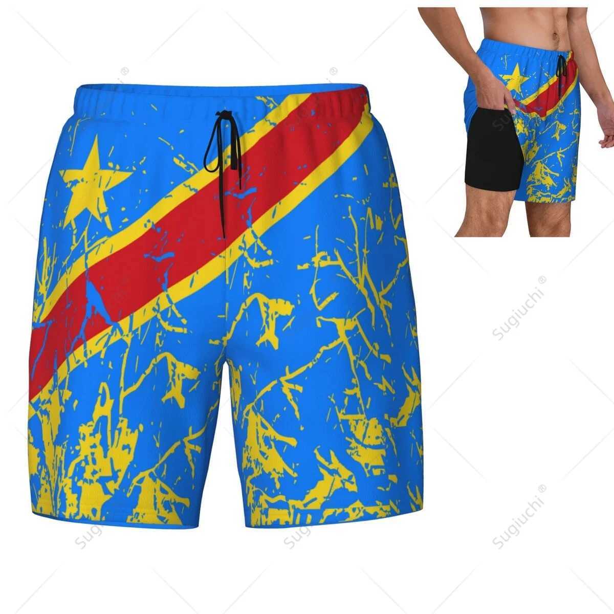 Democratic Republic Of Congo Flag 3D Mens Swimming Beach Surfing Pants Swim Shorts Trunks Compression Liner 2 in 1 Quick-DryXJ250224