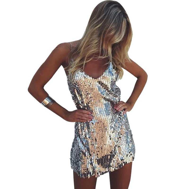 Deep V Neck Silver Sequined Backless Sexy Dress Women Off Shoulder Mini Dress Short Christmas Party Club Strap DressesXJ250224