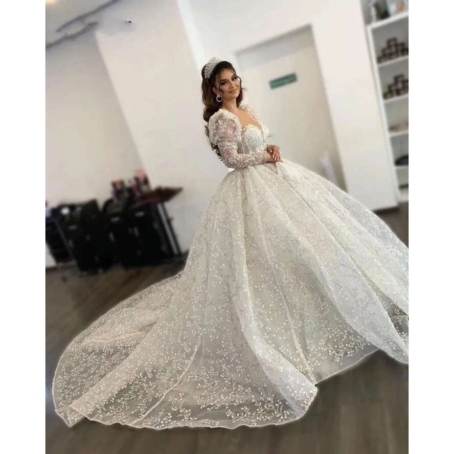 3D Ral Wedding Dresses Long Sleeves Applique Sheer Neck Arabic Bridal Gowns For Women Princess Vestido De Noiva