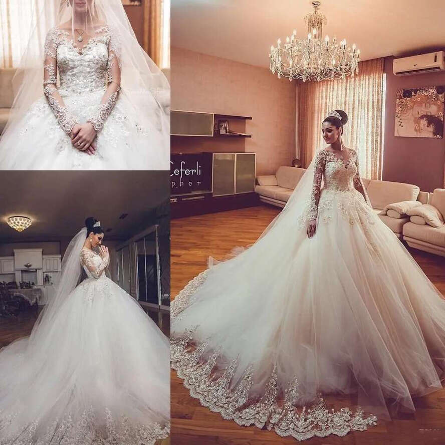 New Modern Sexy Arabic Long Sleeves A E Wedding Dresses Illusion Lace Appliques Crystal Beaded Tulle Plus Size Formal Bridal Gowns
