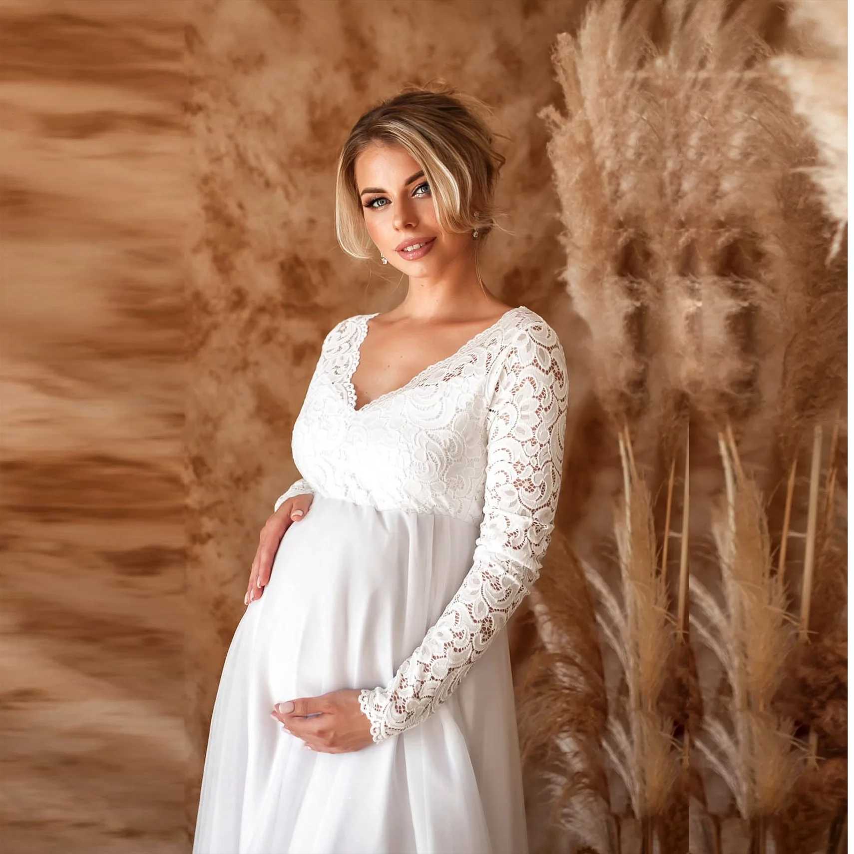 European and American Long-sleeved Lace Splicing Pregnant Women Sexy Loose Trailing Dress Long Dress Pregnant Women Dress X250224