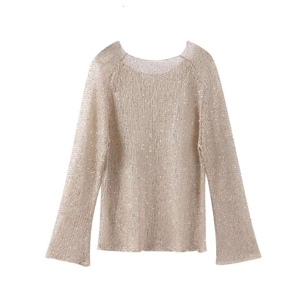Women's Wear Fashion Sequin Knitted Hollow Out Pullover For Women See Through Elegant O-Neck Loose Long Sleeve Sweater Spring Female Chic Top