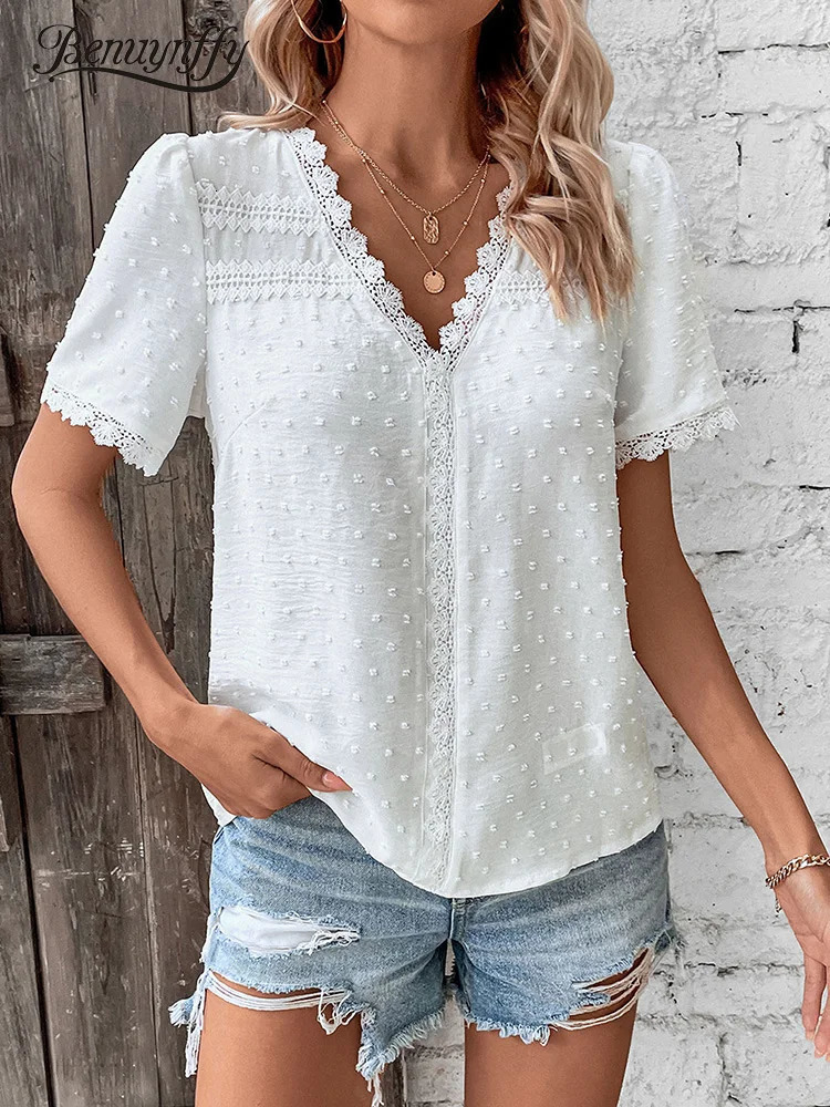 Benuynffy V-neck Lace Swiss Dot Solid Tops Blouse Women Fashion Summer Short Sleeve Boho Sweet Casual Female Blouses 250224
