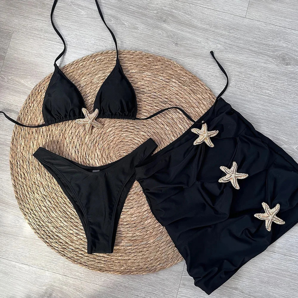 Sexy starfish 3 Pieces Bikinis 2025 Swimsuit For Women Black Swimwear Brazilian Bikini Set Biquini Female Swimuits Beachwear 250224