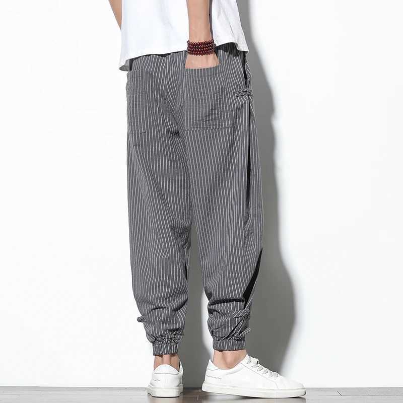 Spring and summer round buckle striped harem pants mens breathable cotton linen pencil pants buckle casual floral pants W250225