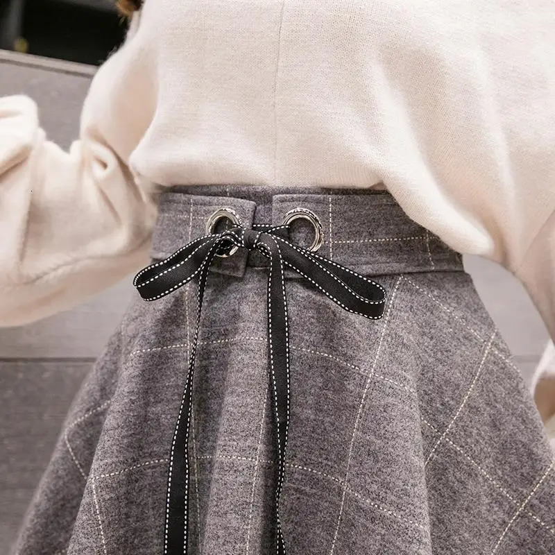 Woolen Plaid High Waist Skirt Women Korean Slim Mini A-line Lace up Ball Gown Skirt Autumn Winter Preppy Style Skort Female 250224