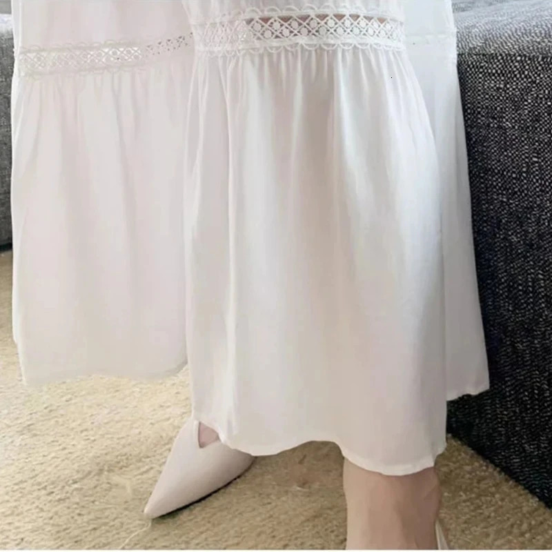 Womens Long White Dress V Neck Dark Lace Dresses Elegant Loose Boho Beach Summer Vintage Party Dresses lady Y2K 250222