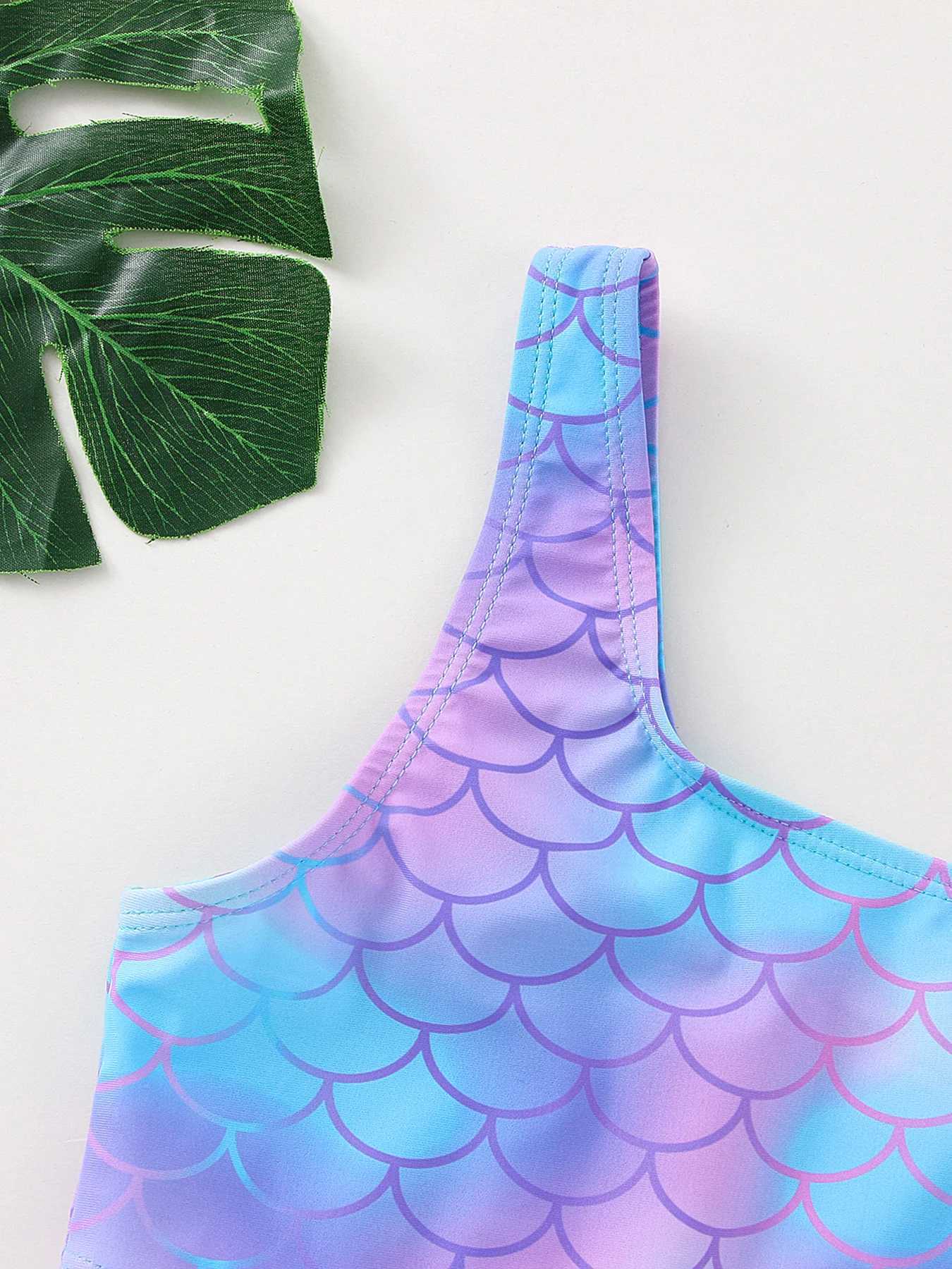 Fish Scale Printed Girls Bikini Swimsuit Set Top + Bottom X250224