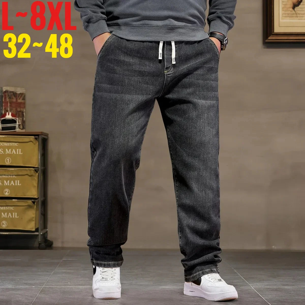 Extra Big Size Jeans Men High Elastic Waist Baggy Denim Pants Male Plus Large Loose Fit Cowboy Trouser 8XL 6XL Classic Black Blue 250214