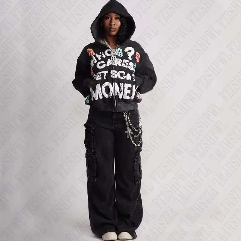 Y2K trendy American letter pattern loose casual comfortable hooded zipper sweatshirt jacket top