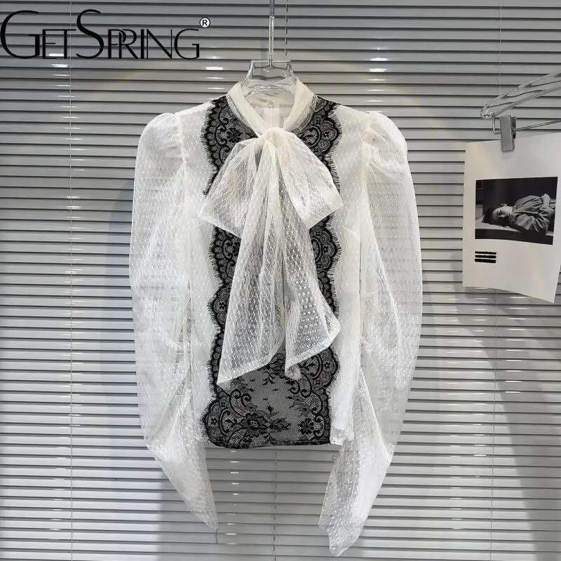 Getspring Women Shirt 2024 Autumn Fashion Tie Bow Puff Sleeve Lace Ed Bandage Ladies Blouse Vintage All Match Female Tops