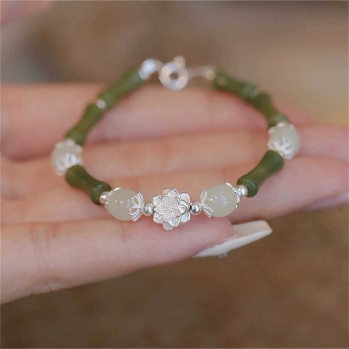 Imitation Hetian Jade Little Green Beads Lucky Bracelet For Women Exquisite Imitation Pearl Chinese Bamboo Flower Bangle JewelryXJ250225