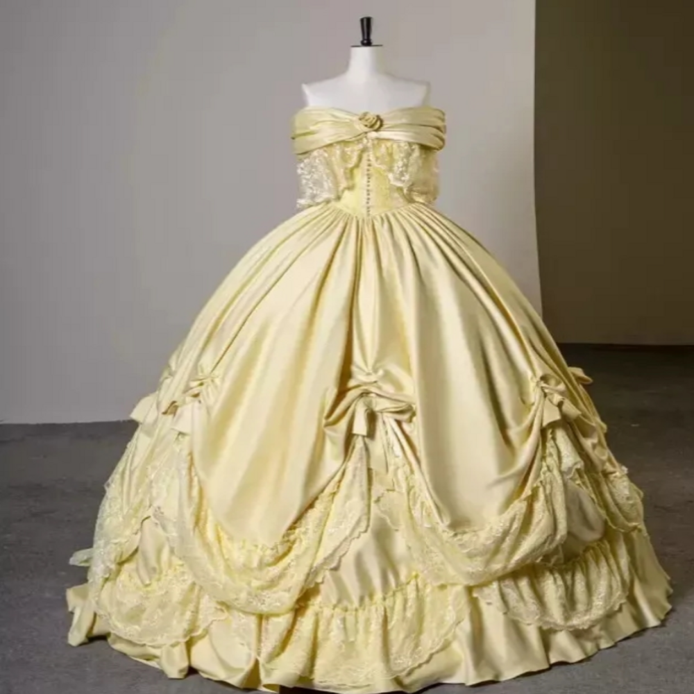 Fantasy Light Yellow Victorian Evening Dress Off Shoulders Halloween Mystical Prom Dress Civil War Costume Masquerade Formal Occasion Party Dress 2025