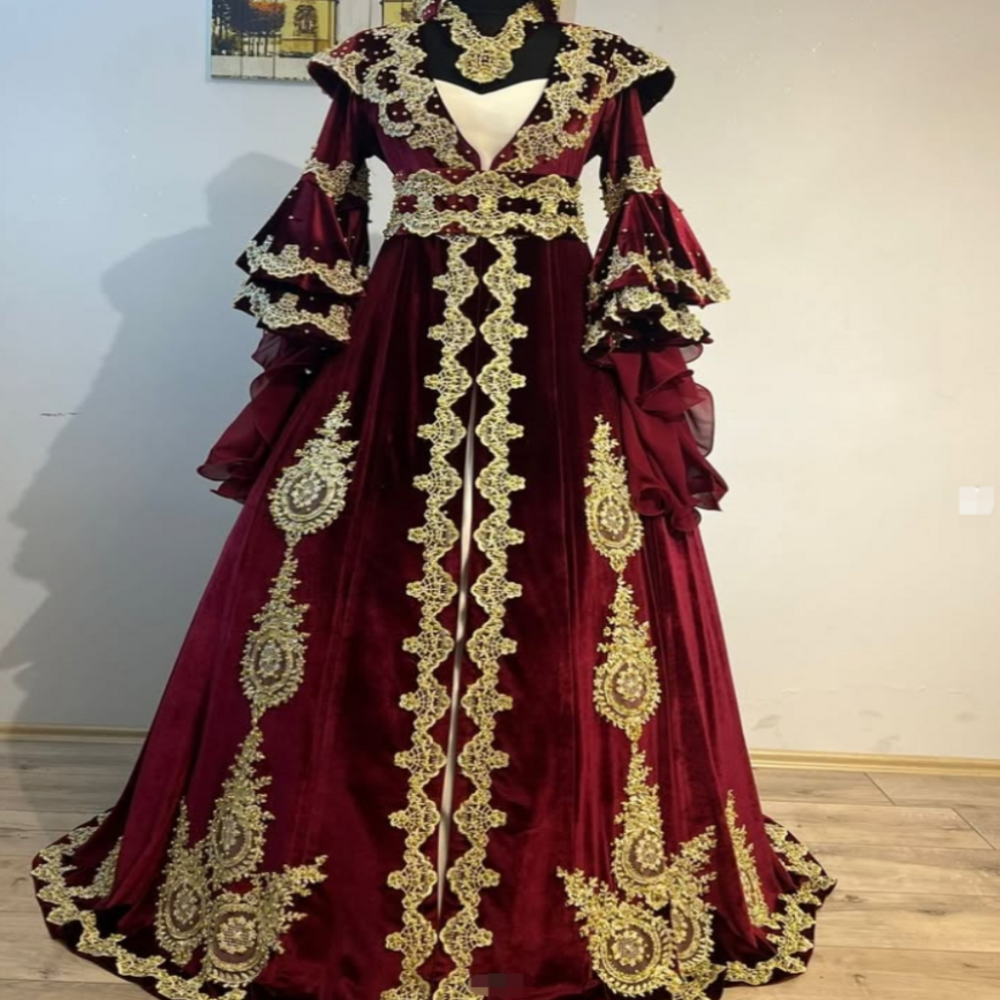 Obsessed Burgundy Moroccan Evening Dress Turkish Arabian Kosovo Prom Dress Gold Lace Beaded Vestio De Novia Engagement Vestido De Casamento 2025 Forma