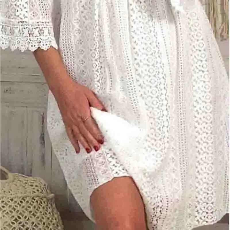 Fashion Hollow Out Sexy Lace Dress for Women Summer Short Sleeve White Party Dresses Knee Length Evening Dress Robe 28307 250222