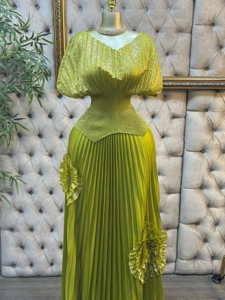 EGRM Fold 2piece Womens Fashion Vneck Short Sleeve Batwing Half Irregular Hemp Top3D Flower Aline Folding Skirt 6R81 250222