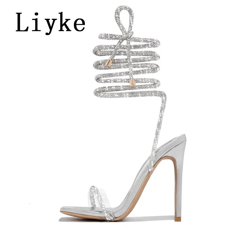 Liyke Fashion Glitter Rhinestones Women Sandals Crystal Ankle Strap High Heels Party Prom Shoes Lady Wedding Stiletto Sandalias 250224