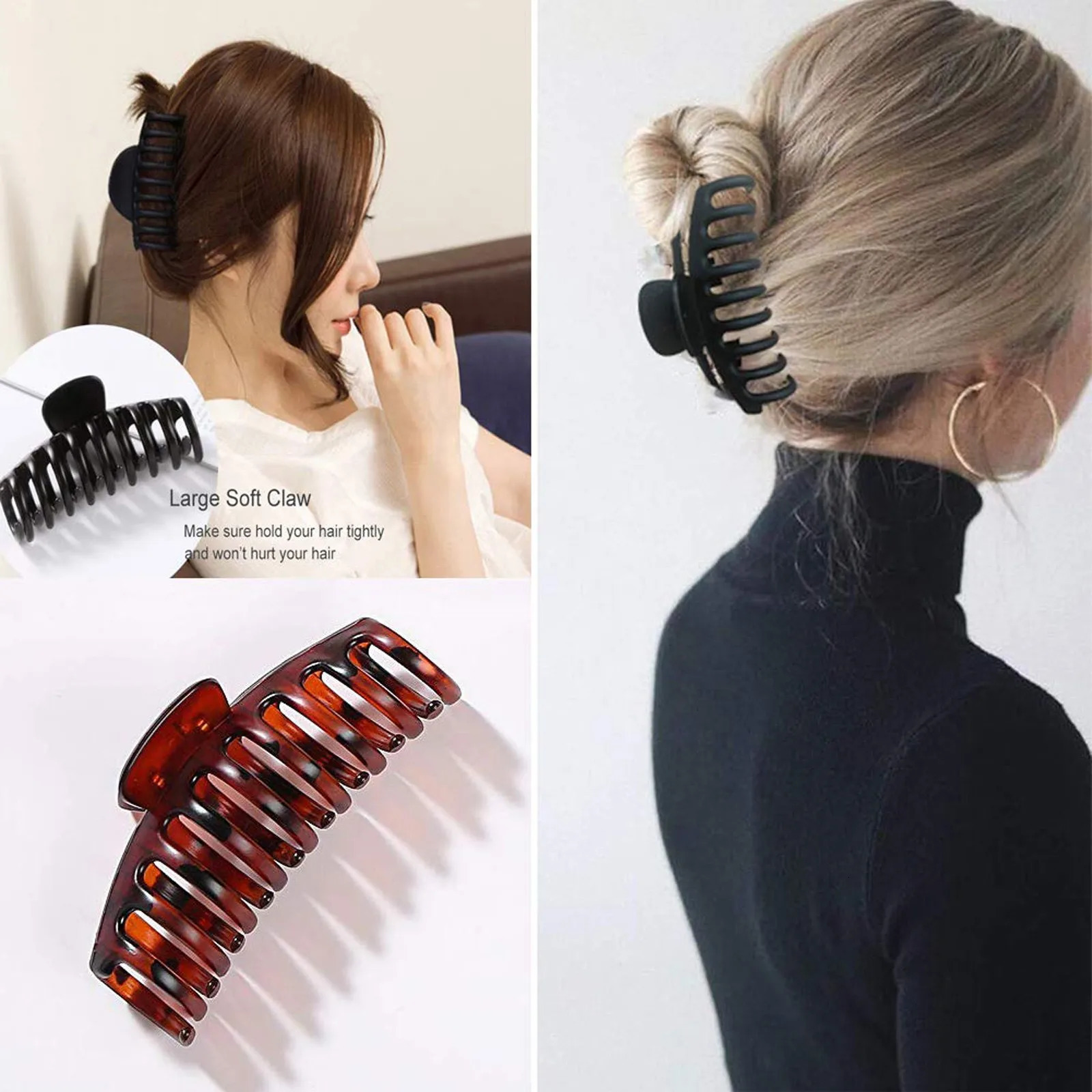 Womens Elegant Black Geometric Plastic Hair Claw Lady Sweet Long Holder Toothed Clips Hairpins Fashion Accessories 250218