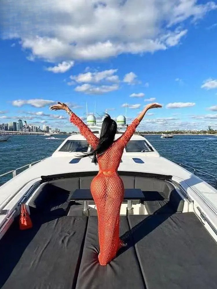 Fishnet Knitting Hollow Sequins Maxi Dress Sexy See Through Holiday Long Sleeve Slim Summer Vacation Beach Dresses