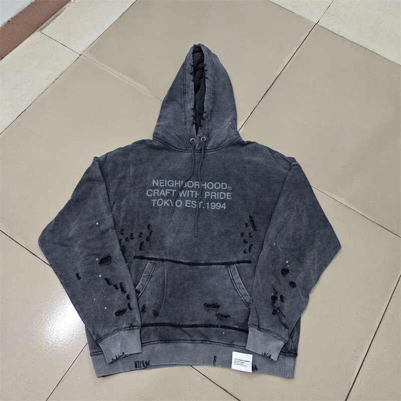 High quality retro washed ink splattered NBHD hoodie with Hole Damage design, loose and casual neighborhood sweatshirt