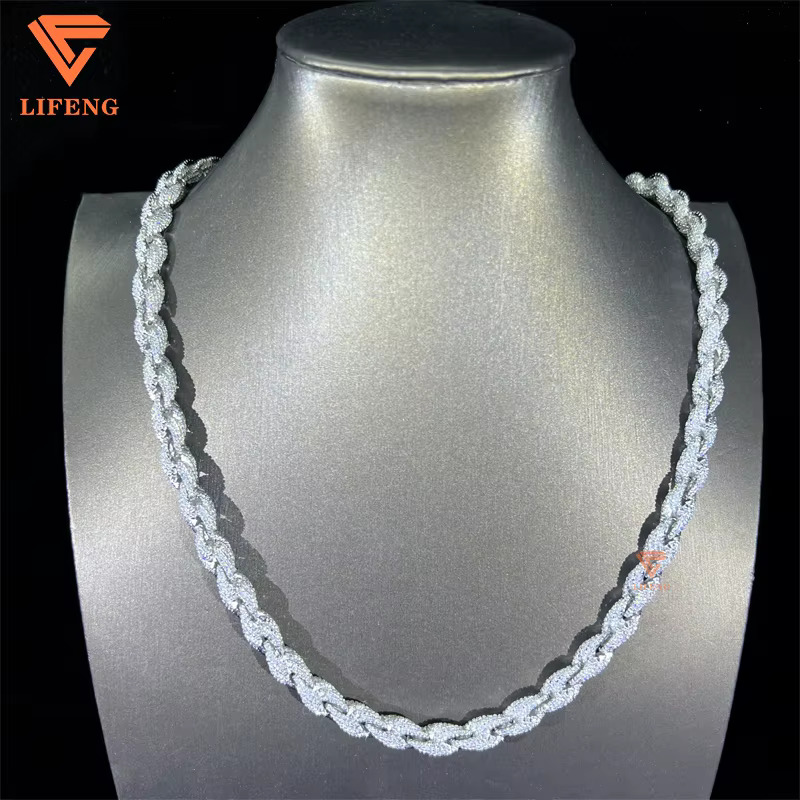Hip Hop Custom Iced Out Sterg Sier Vvs Moissanite White Gold Plated Rope Chain Tennis Chains Jewelry Unisex Dia Necklace