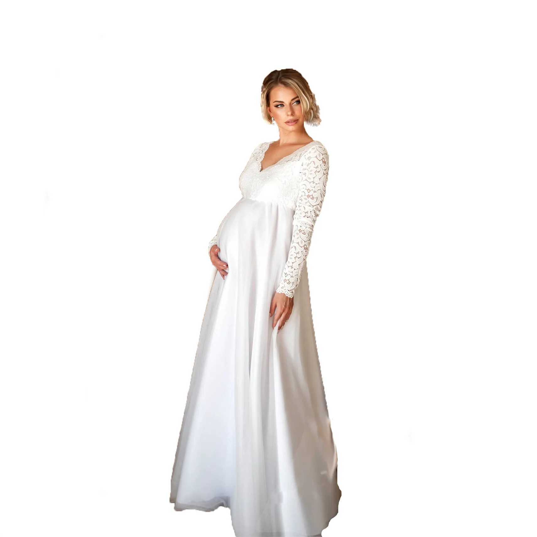 European and American Long-sleeved Lace Splicing Pregnant Women Sexy Loose Trailing Dress Long Dress Pregnant Women Dress X250224