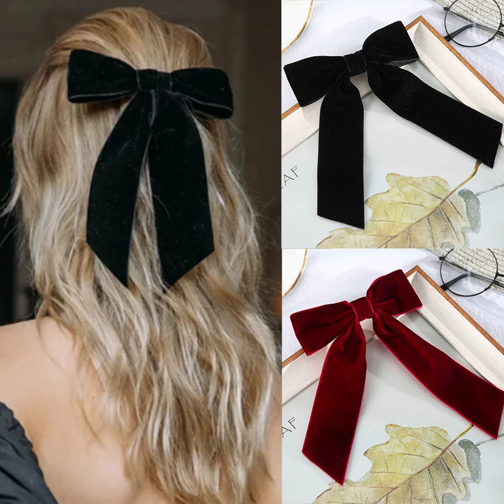 Bow Velvet Barrette Temperament tail Hairpin Hair Clip Girls Black Red Ribbon Fashion Accessories 250218