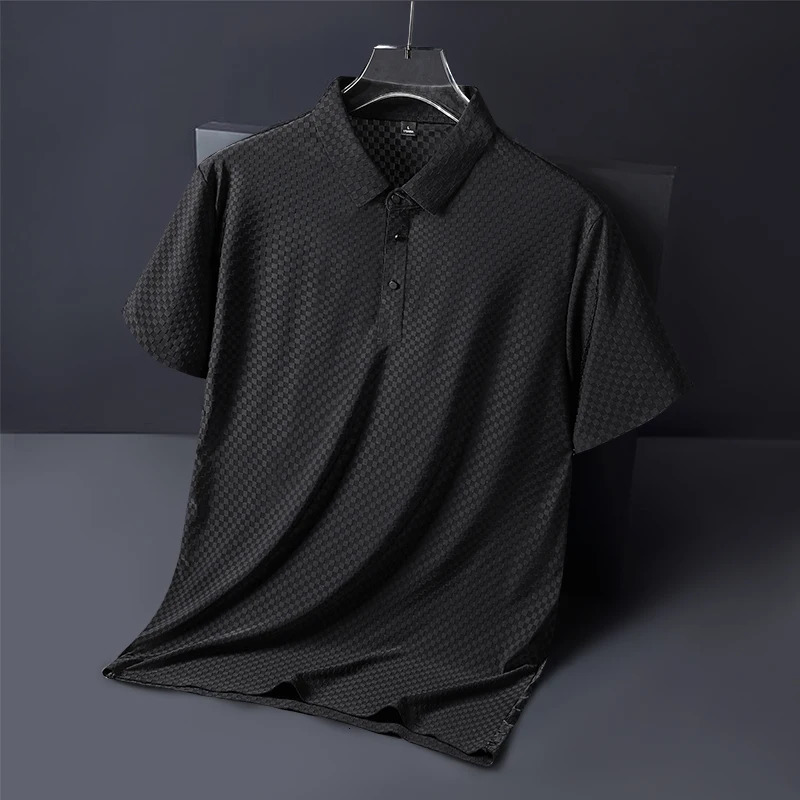 Spring and summer nylon spandex mens short sleeved mens T-shirt mens ice silk traceless plaid thin business lapel polo s 250222