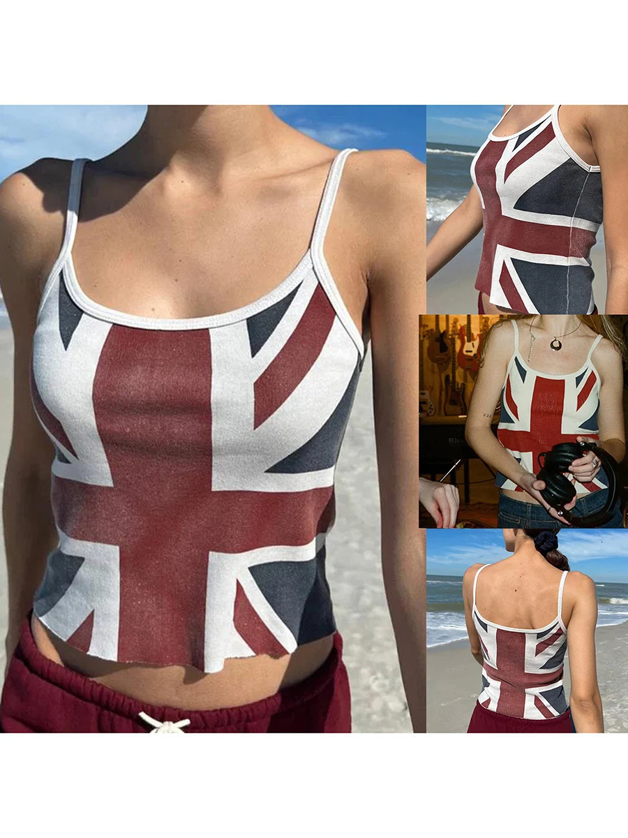 Women Spaghetti Strap Union Jack Cami Top Sleeveless U Neck Low Cut Basic Fitted Crop Tank Top British Flag Print Camisole Vest 250225