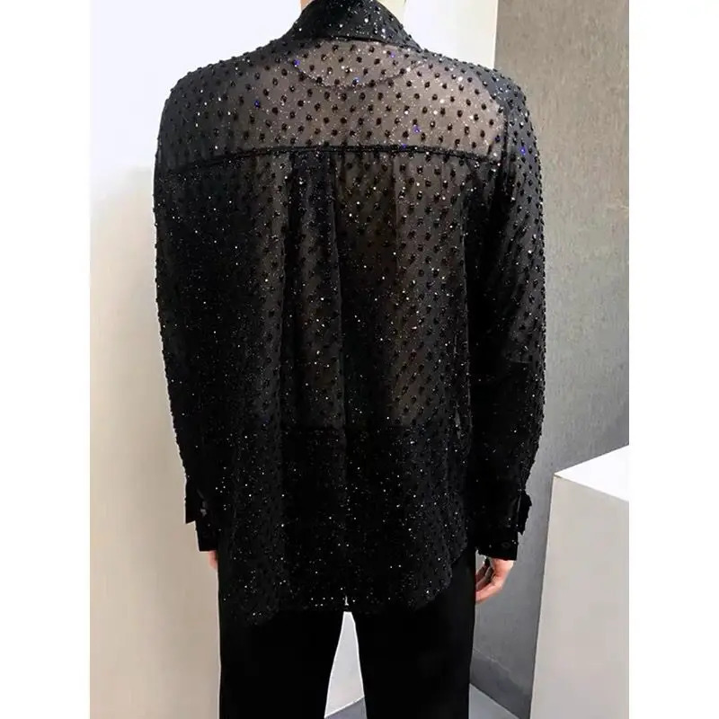 Spring and summer no ironing breathable sunscreen long sleeved mens shirt Ins sense shiny hollow nightclub fashion top 250222