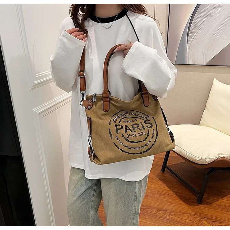 Large Retro Canvas Tote Bag Adjustable Shoulder Strap Vintage Paris Stamp Print Stylish Crossbody for Women 250221